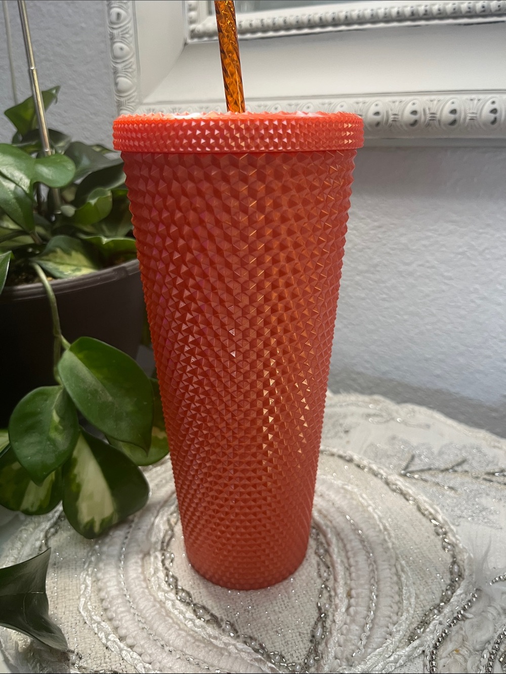 NWT 2021 Starbucks Coral Orange Studded Cold Cup Tumbler 24oz Matte Reusable Cup - Picture 4 of 7